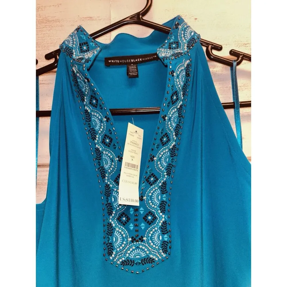 Sz S White House Black Market Halter Neck Embroidered Chemise Ocean Tropic Color